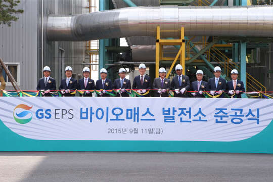 11일 충청남도 당진시 부곡산업단지에서 열린 GS EPS 바이오매스 발전소 준공식에서 (왼쪽 4번째부터)서경석 (주)GS 부회장, 고춘석 GS EPS 대표, 허창수 GS 회장, 허동수 GS칼텍스 회장, 알 바타마니 오만 국영석유회사 본부장 등이 기념사진을 찍고 있다. <GS EPS 제공>